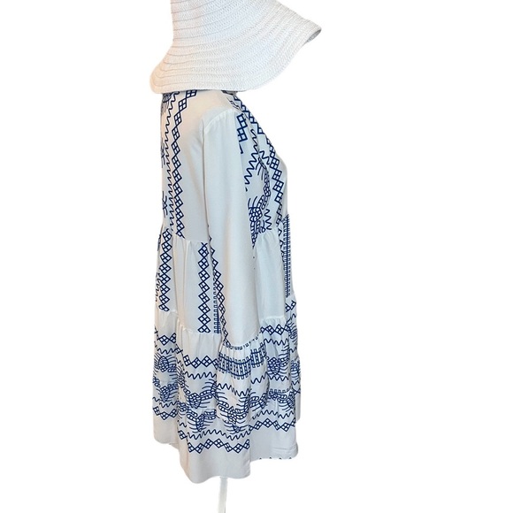 NEW Blue White Aztec Embroidered Tunic Dress | Boho Beach Cover-Up | Size M - Picture 4 of 7